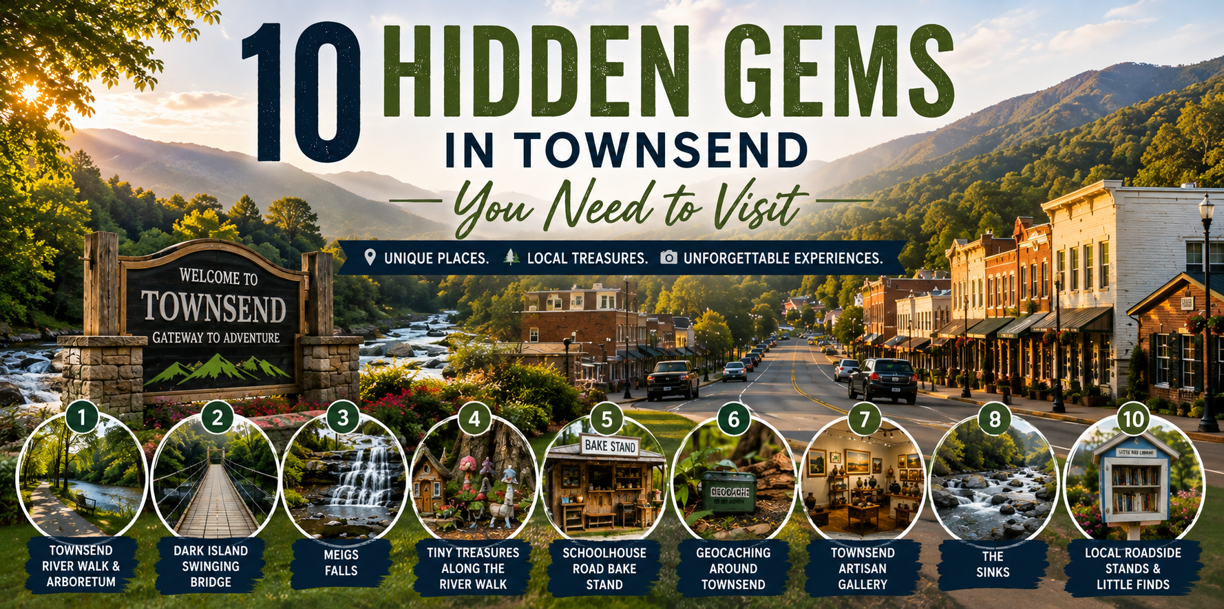 Hidden gems in Townsend Tennessee including mountain scenery, downtown, and outdoor attractions